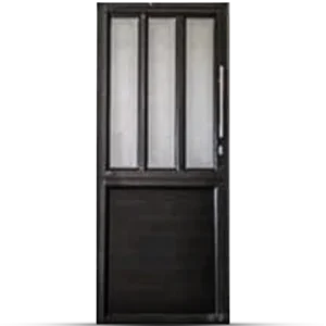 A black metal door with three vertical frosted glass panels on the upper half and a solid metal lower half. A vertical handle is visible on the right side of the door.Its Called Aluminium Budget Door 3 Panel!