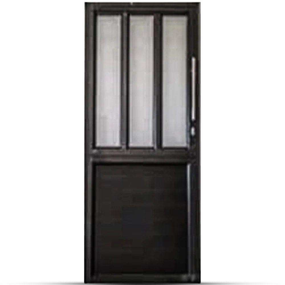 A black metal door with three vertical frosted glass panels on the upper half and a solid metal lower half. A vertical handle is visible on the right side of the door.Its Called Aluminium Budget Door 3 Panel!