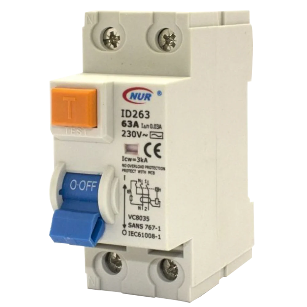 A white NUR ID263 circuit breaker labeled for 63A, 230V with a blue switch and orange test button, designed for electrical safety. Its Called 63AMP Din Rail Earth Leakage 3Ka