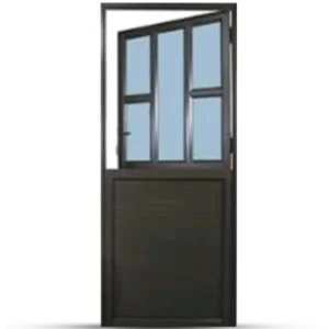 Black wooden door with four rectangular glass panels on top and a solid lower half, partially open against a white wall. Its Called Aluminium Stable Door With 4 Panel