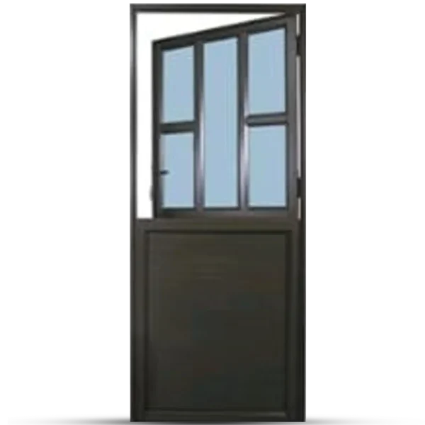 Black wooden door with four rectangular glass panels on top and a solid lower half, partially open against a white wall. Its Called Aluminium Stable Door With 4 Panel