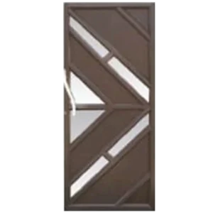 A modern door design featuring a geometric pattern with diagonal and triangular shapes in dark brown. It includes frosted glass segments and a sleek silver handle on the left side. Its Called Aluminium Fancy Full Door (1879)