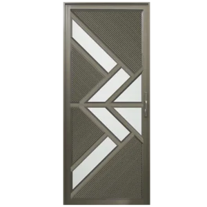 A metal security door with a geometric design featuring diagonal and vertical lines in a metallic frame, with frosted glass panels. The pattern is symmetrical, creating a modern and contemporary look. Its Called Aluminium Fancy Single Door (1968) (BEAUTY YS)