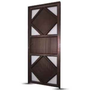 A brown metal security door with two large diamond-shaped and one rectangular dark panels set within white frame sections. The door is slightly ajar, displaying its sturdy design. Its Called Aluminium Fancy Full Door (MWD55) (AB10)