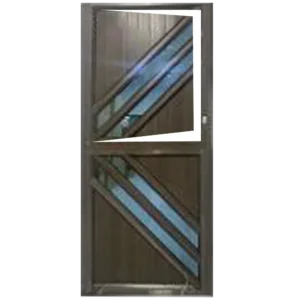 A dark brown door featuring diagonal glass panels with blue accents and a unique asymmetrical window design. Its called Aluminium Fancy Stable Single Door (MWD04A) (1887)