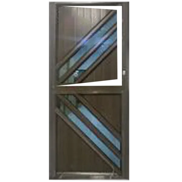 A dark brown door featuring diagonal glass panels with blue accents and a unique asymmetrical window design. Its called Aluminium Fancy Stable Single Door (MWD04A) (1887)