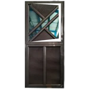 A dark-framed door with a diamond-patterned glass panel on top and solid wood planks below, set against a blue backdrop. Its Called Aluminium Fancy Stable Door (MWD07A) (1892)