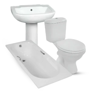 Bathroom set on a white background, including a white pedestal sink, a wall-mounted toilet, and a white bathtub.