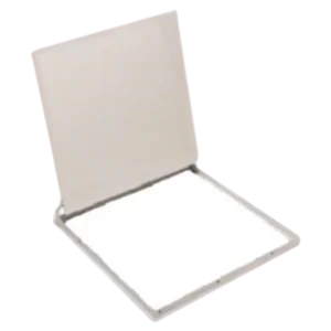 A sleek, rectangular compact makeup case with an empty white interior and a light-colored lid, reminiscent of a ceiling trap door.