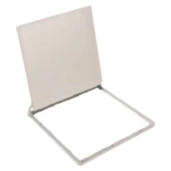 A sleek, rectangular compact makeup case with an empty white interior and a light-colored lid, reminiscent of a ceiling trap door.