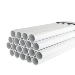 A stack of white PVC pipes arranged in neat rows, showcasing their round openings and smooth surfaces. Its Called Conduit Pipe 20mm x 4m Econo