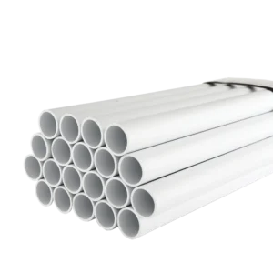 A stack of white PVC pipes arranged in neat rows, showcasing their round openings and smooth surfaces. Its Called Conduit Pipe 20mm x 4m Econo