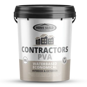 A 20-liter bucket of Home Seald Contractors PVA with a black lid. The label reads Waterbased Economical, suitable for both interior and exterior use. CONTRACTORS PVA Paint (Firstcoat or Undercoat)