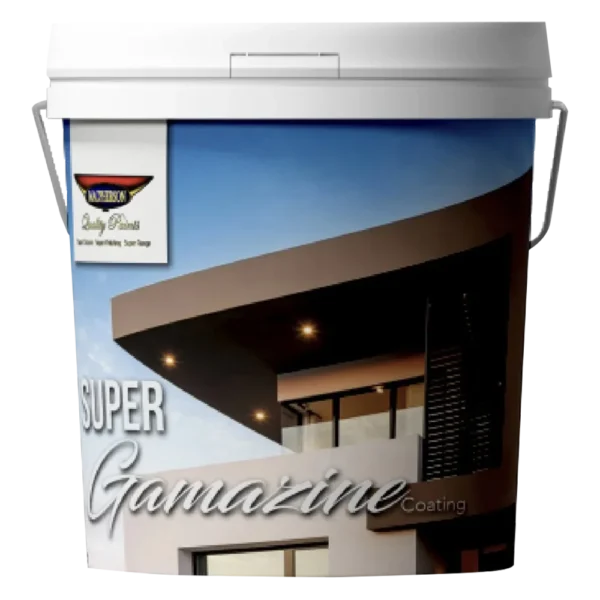 A white container labeled Super Gamazine Plaster Coating featuring an image of a modern building with a slanted roof. The lid is white with a handle, and the background shows a blue sky.