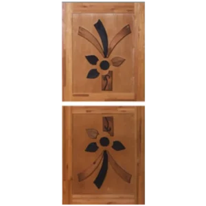 Two wooden panels featuring intricate floral designs, one above the other, with dark accents on a light wood background. Its Called Pine Design Stable Door