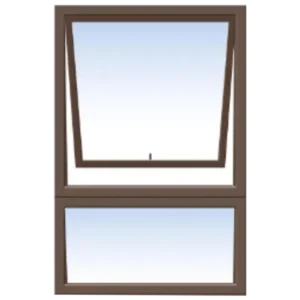 Illustration of a brown-framed window with two panels. The top panel is tilted open inward at the bottom, allowing ventilation. The lower panel is closed. The sky outside is visible through the blue-tinted glass.its called Aluminum Window (600*900MM)(PT69)