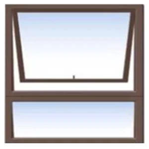 A diagram of a two-pane window with a brown frame. The top pane is slightly open, tilting inward. The bottom pane is closed. The glass appears clear, reflecting a light blue sky. its called Aluminum Window (900*900MM)(PT99)