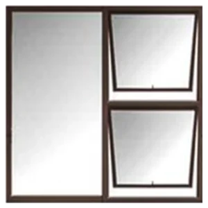 A rectangle divided into three sections with brown frames. The left section is a vertical mirror, and the two right sections feature angled mirrors with a slight tilt. Its Called Aluminium Window 1.2M X 1.2M Size (PTT1212L)