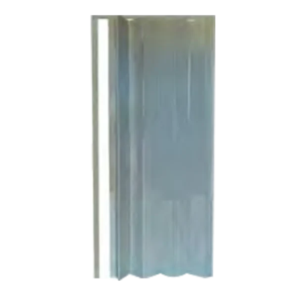 A rectangular glass brick with a partially frosted surface, standing upright. The brick has a wavy texture, creating a distorted view through it. Light reflects subtly off the smooth surfaces. Its Called PVC Folding Door Grey (DMT004)