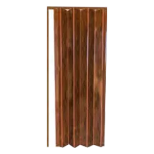 A concertina copper door panel with a shiny, reflective surface. The door is folded, displaying its accordion-like design with vertical ridges. The copper color gives it a warm, metallic appearance. PVC Folding Door with Gunstock Oak Finish