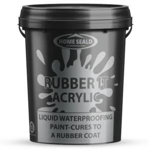 A gray bucket labeled Home Seal Rubber It Acrylic. The front shows a splash design and text reads Liquid Waterproofing Paint - Cures to a Rubber Coat.