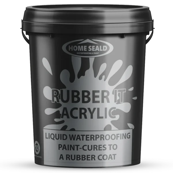 A gray bucket labeled Home Seal Rubber It Acrylic. The front shows a splash design and text reads Liquid Waterproofing Paint - Cures to a Rubber Coat.