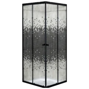 Modern shower enclosure with a black frame, featuring textured glass and a mosaic pattern at the top, set on a white base. Its Called Shower Door Square Corner Entry