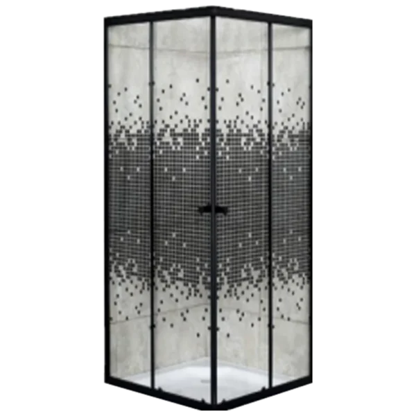 Modern shower enclosure with a black frame, featuring textured glass and a mosaic pattern at the top, set on a white base. Its Called Shower Door Square Corner Entry