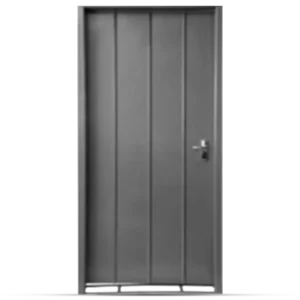 A sleek, gray metal Steel Combi Door with vertical panels and a simple handle, featuring a secure lock at the side.