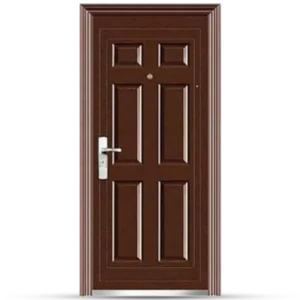 Brown steel Door 6 Panel door with a sleek silver handle and a peephole, framed in a light-colored border.