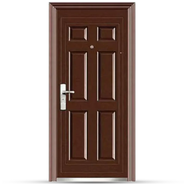 Brown steel Door 6 Panel door with a sleek silver handle and a peephole, framed in a light-colored border.