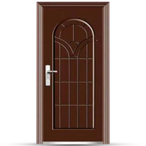 Elegant brown Steel Door Kentucky featuring a decorative glass panel with an arched design and modern silver handle.