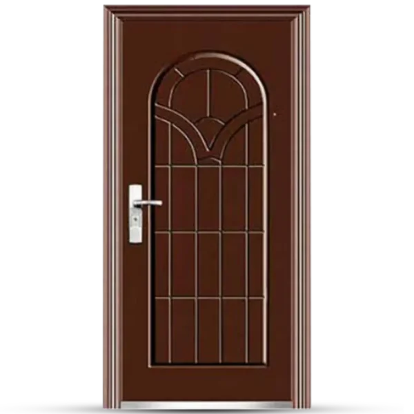 Elegant brown Steel Door Kentucky featuring a decorative glass panel with an arched design and modern silver handle.