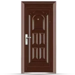 A stylish brown entrance Steel Door Victoria with ornate paneling and a sleek silver handle, featuring a small peephole at the top.