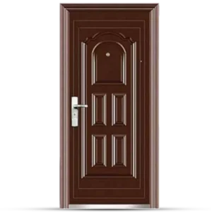 A stylish brown entrance Steel Door Victoria with ornate paneling and a sleek silver handle, featuring a small peephole at the top.