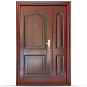 Elegant wooden door with a rich mahogany finish, featuring intricate panels and a modern handle. Its Called Steel Door With Sidelight Heavy Duty 1.2M x 2.1M