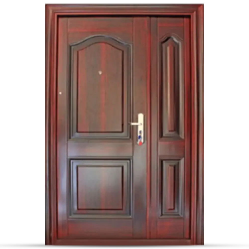 Elegant wooden door with a rich mahogany finish, featuring intricate panels and a modern handle. Its Called Steel Door With Sidelight Heavy Duty 1.2M x 2.1M