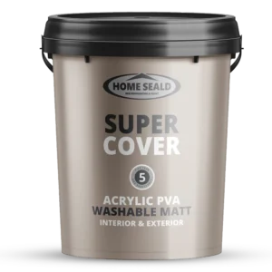 A large beige paint bucket labeled Home Seal Super Cover with Acrylic PVA paint Washable Matt written below. It is suitable for both interior and exterior use. The lid is black, and the bucket has a handle.