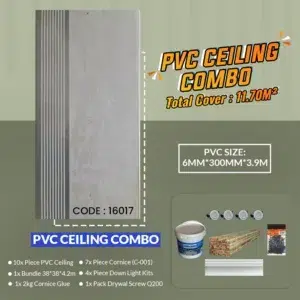 Promotional image for a PVC ceiling combo pack. Includes a large PVC panel, screws, wall plugs, corner pieces, ceiling cornices, and paint. Text details specifications: total cover of 11.70 m² and PVC size of 6mm x 300mm x 3.9m. PVC Ceiling Combo (16017)