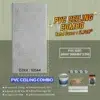 Image showing PVC Ceiling Combo packaging details. Includes a large PVC panel with code 16044, total cover of 11.70m². Contains various items like cornice, low down light kits, corner glue, and drywall screws. PVC size: 6mm x 300mm x 3.9m. This combo called PVC Ceiling Combo (16044)