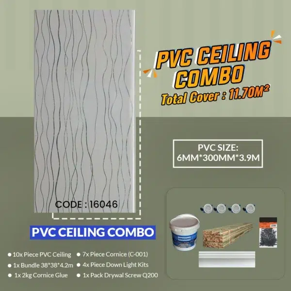 Image of a PVC ceiling combo pack advertisement. It features a large PVC sheet with wavy patterns. The total cover is 11.70m², with a size of 6mm*300mm*3.9m. Includes cornices, glue, down light kits, screws, and other accessories. Code: 16046. Its Called PVC Ceiling Combo (16046)