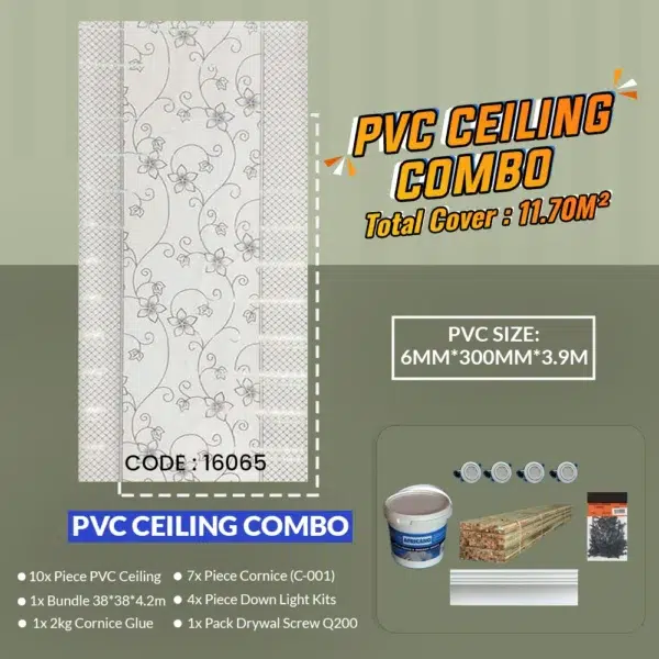 Promotional image for a PVC ceiling combo package, featuring a decorative PVC ceiling sheet with floral patterns, 10 ceiling pieces, 7 concave cornice pieces, 4 down light kits, a bundle of laths, and a pack of drywall screws. Total cover: 11.70 m². PVC Ceiling Combo (16065)