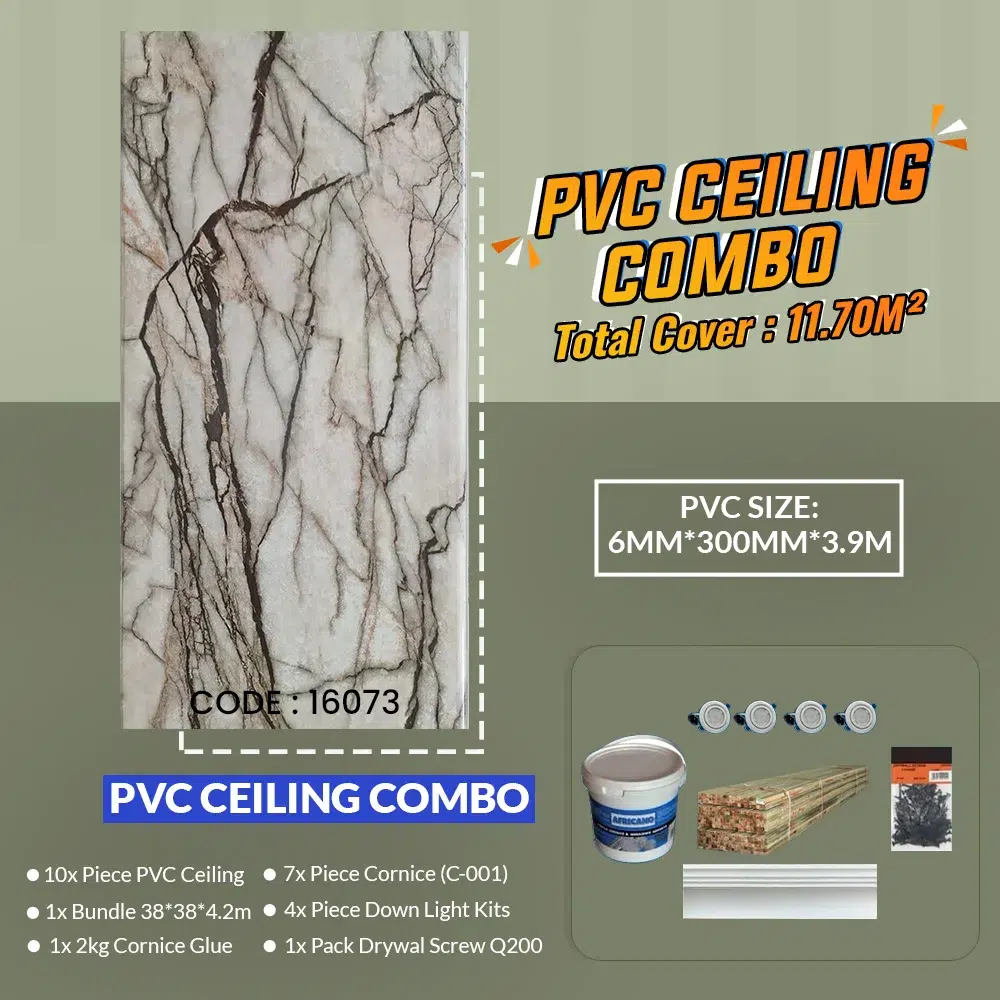 Advertisement for a PVC Ceiling Combo. Features an image of a marbled PVC ceiling panel with the code 16073. Includes combo details like PVC size, total coverage area, and items such as cornice, glue, LED lights, drywall screws, and more. PVC Ceiling Combo (16073)