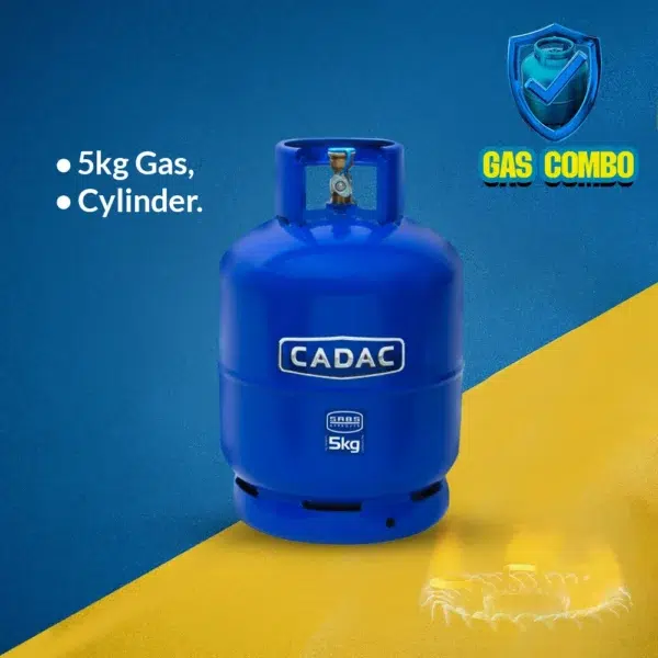 A blue CADAC gas cylinder labeled "5kg" against a yellow and blue background, promoting a gas combo product. Its Called 5KG Cylinder and Gas Combo!