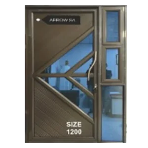 A brown metal security door with a geometric design and a small glass window on the right. A sign above reads ARROW 501 and the bottom of the door displays SIZE 1.2M*2.1M. There is a curved handle for opening. Its Called Aluminium Fancy Door with SideLight