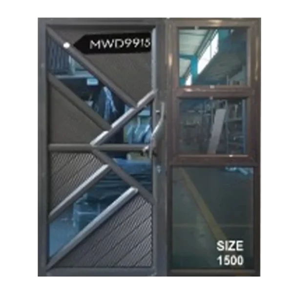 A brown metal security door with a geometric design and a small glass window on the right. A sign above reads ARROW 501 and the bottom of the door displays SIZE 1.5M x 2.1M . There is a curved handle for opening. Its Called Aluminium Fancy Door with SideLight 1.5M x 2.1M