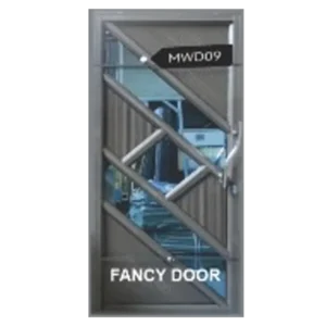 Geometric-designed door with the label Fancy Door. It has a mix of diagonal and triangular panels in brown, with a reflective surface showing part of an interior space.Its Called Aluminium Door – Single (MWD09)