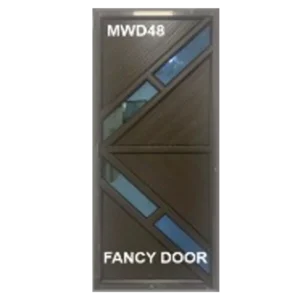 Geometric-designed door with the label Fancy Door. It has a mix of diagonal and triangular panels in brown, with a reflective surface showing part of an interior space.Its Called Aluminium Door – Single (MWD48)