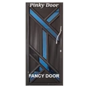 Geometric-designed door with the label Ntombi Fancy Door. It has a mix of diagonal and triangular panels in brown, with a reflective surface showing part of an interior space.Its Called Aluminium Door – Single (Pinky)