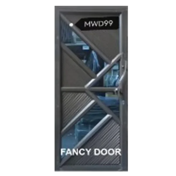 Geometric-designed door with the label Fancy Door. It has a mix of diagonal and triangular panels in brown, with a reflective surface showing part of an interior space.Its Called Aluminium Door – Single (MWD99)